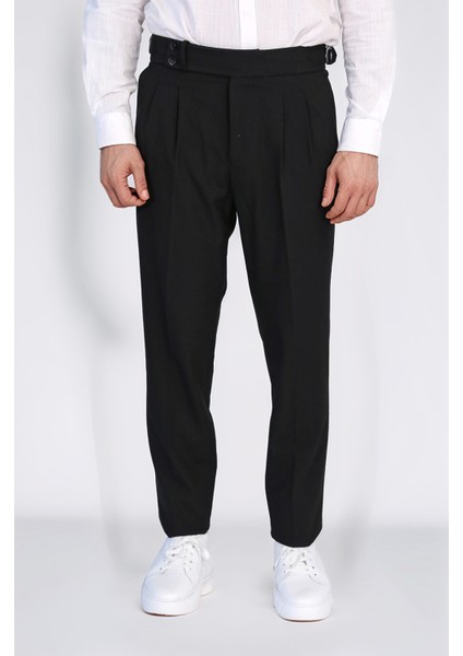 Siyah Çift Pileli Tokalı Yüksek Bel Slim Fit Pantolon – Wessi modelleri