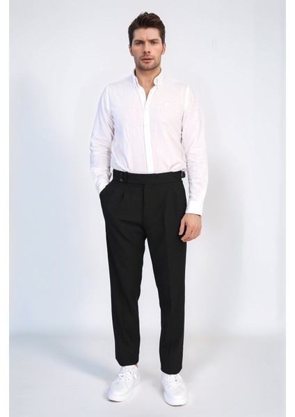 Siyah Çift Pileli Tokalı Yüksek Bel Slim Fit Pantolon – Wessi