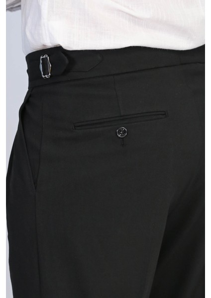 Siyah Çift Pileli Tokalı Yüksek Bel Slim Fit Pantolon – Wessi