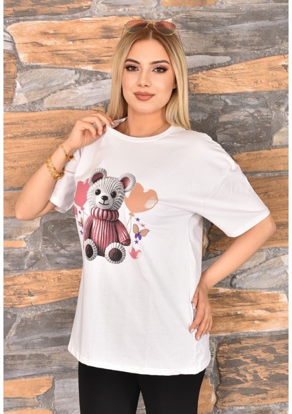 2 Adet Özel Baskılı Oversize Kadın T-Shirt Bisiklet Yaka