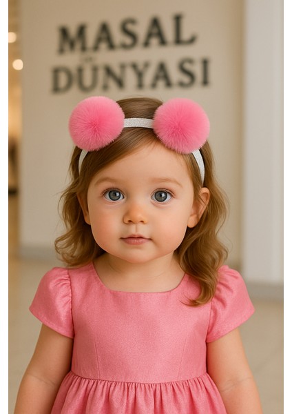Tüylü Ponpon Şeker Pembesi Kız Bebek/çocuk Saç Bandı