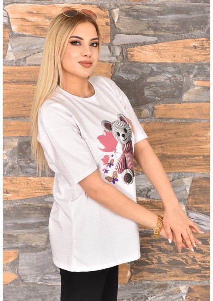 2 Adet Özel Baskılı Oversize Kadın T-Shirt Bisiklet Yaka