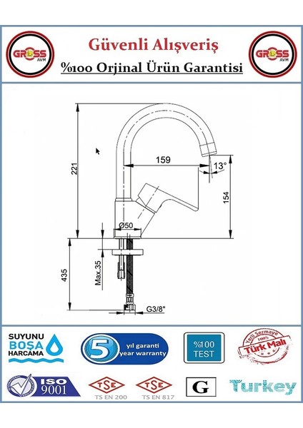 Uzay Gökkuşağı Lavabo Bataryası - 40'lık Kartuş - 5 Yıl Garanti - Orjinal Ürün - Siyah modelleri
