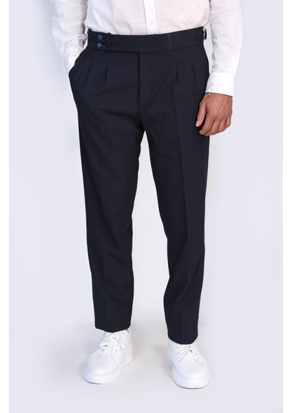 Lacivert Çift Pileli Tokalı Yüksek Bel Slim Fit Pantolon – Wessi
