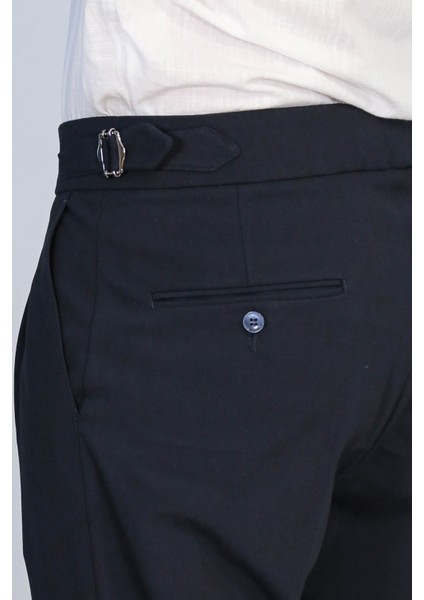 Lacivert Çift Pileli Tokalı Yüksek Bel Slim Fit Pantolon – Wessi