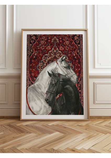 Tekli Ahşap Çerçeveli Tablo Siyah & Beyaz At Halı Motifli Tek Parça Poster Tablo TK/789