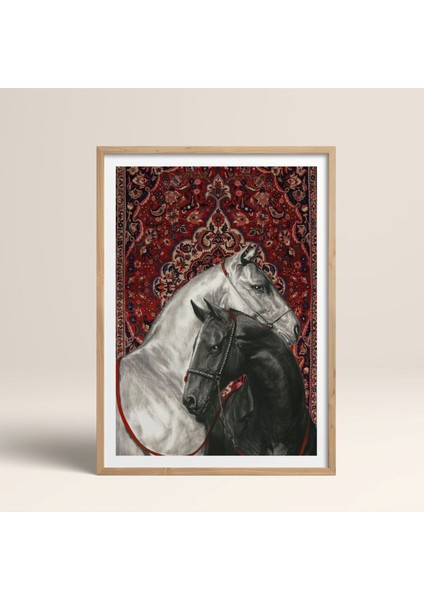Tekli Ahşap Çerçeveli Tablo Siyah & Beyaz At Halı Motifli Tek Parça Poster Tablo TK/789 fiyatları