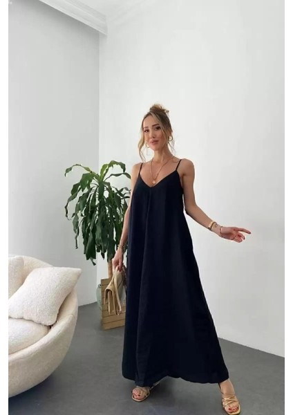 Aerobin Uzun Pamuklu Şık Elbise Ayarlanabilir Askılı Ütü Gerekmeyen Elbise