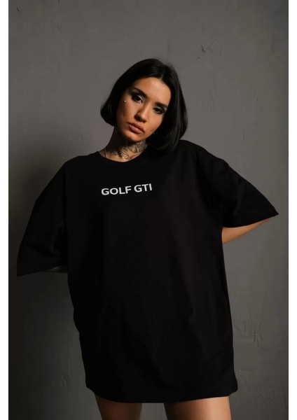 Kadın Sırt Golf Gtı Baskılı Oversize T-Shirt - Siyah modelleri