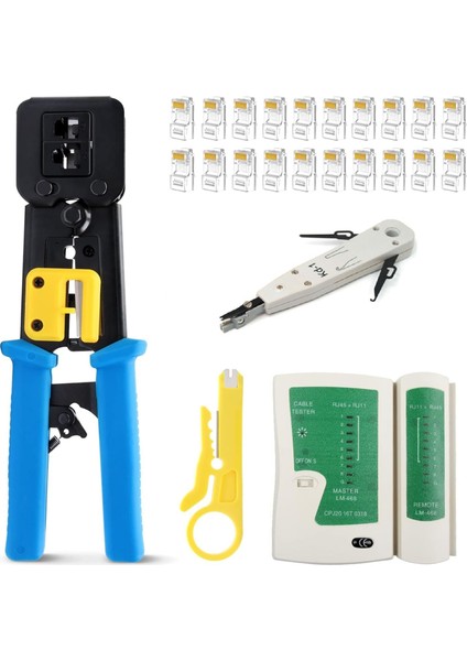 Yeni Nesil Pense + Test Cihazı + Kablo Soyucu + 100 Adet Yeni Nesil Delikli Ez RJ45 + Krone Bıçağı Ethernet Bakım Kiti