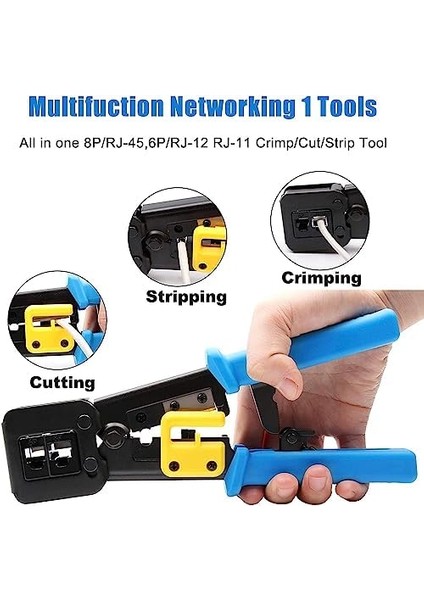 Yeni Nesil Pense + Test Cihazı + Kablo Soyucu + 100 Adet Yeni Nesil Delikli Ez RJ45 + Krone Bıçağı Ethernet Bakım Kiti