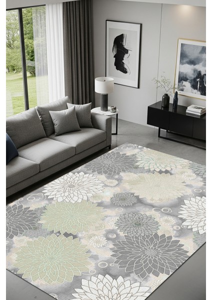 Çiçek Desenli Krem Renkli Modern Halı Dijital Baskılı Dokuma Kaymaz Tabanlı Yıkanabilir Antre Halısı