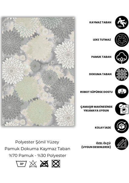 Çiçek Desenli Krem Renkli Modern Halı Dijital Baskılı Dokuma Kaymaz Tabanlı Yıkanabilir Antre Halısı