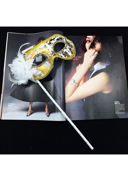 Lüks Taşlı Saplı Balo Maskesi Beyaz Renk