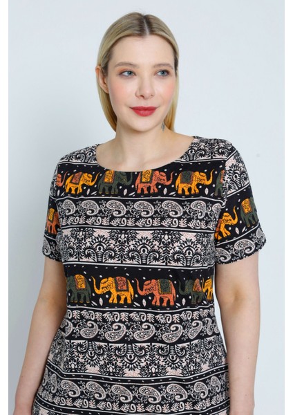 Desenli Kadın Büyük Beden Kısa Kollu Pamuklu Elbise fiyatları