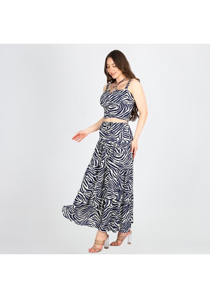 Zebra Desenli Bol Dökümlü Etek - Crop İkili Şık Takım