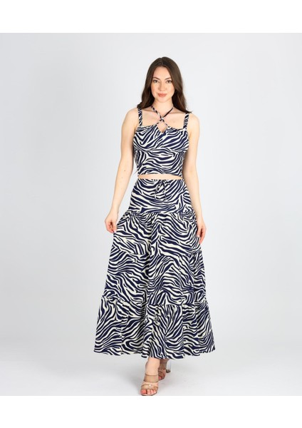 Zebra Desenli Bol Dökümlü Etek - Crop İkili Şık Takım