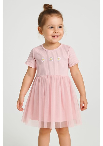 Kız Çocuk Çiçek Nakışlı Tüllü Elbise
