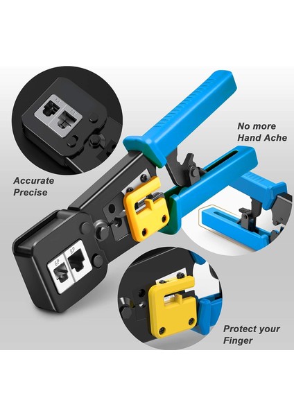 Yeni Nesil Ez RJ45 Pense + 100 Adet Pcs Yeni Nesil Ez Delikli Cat6 Utp Jak + Kablo Soyucu Sarı + RJ45 R11 Test Cihazı Network Aksesuarları Internet Lan Ethernet Seti modelleri
