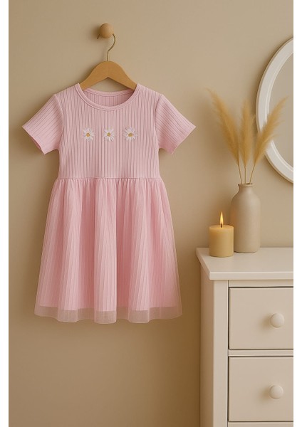 Kız Çocuk Çiçek Nakışlı Tüllü Elbise