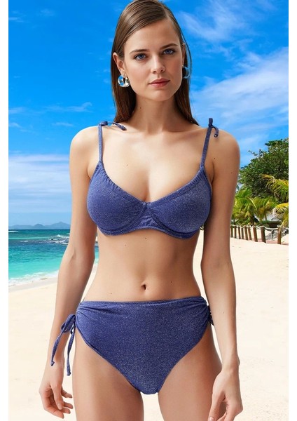Bağlamalı Simli Bikini Takımı Özel Tasarım Klora Dayanıklı Hızlı Kuruyan