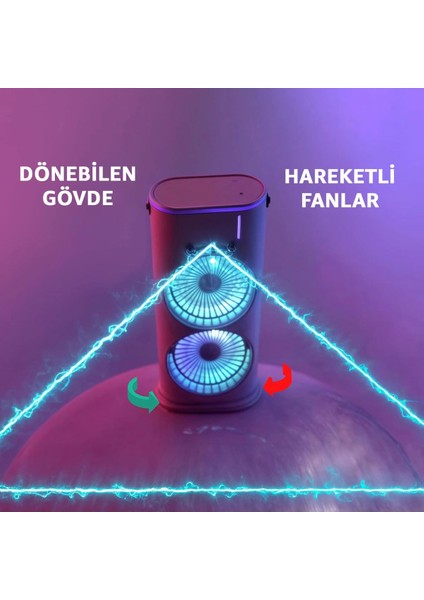 2 Fanlı Vantilatör Buharlı Fan -Şarjlı, Kompakt,ayarlanabilir Kumandalı Buharlı Nemlendirici