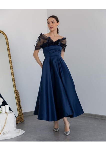 Çiçek Detaylı Tarlatanlı Saten Kiloş Abiye