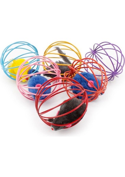 Renkli Metal Kafesli Peluş Fareli Kedi Köpek Oyuncağı Oyun Topu 6 cm (5064)