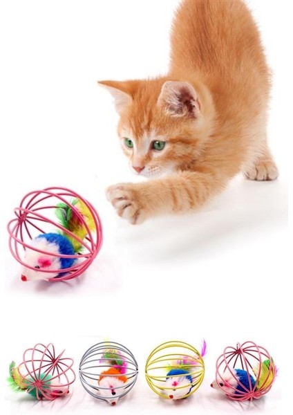 Renkli Metal Kafesli Peluş Fareli Kedi Köpek Oyuncağı Oyun Topu 6 cm (5064) fırsatları