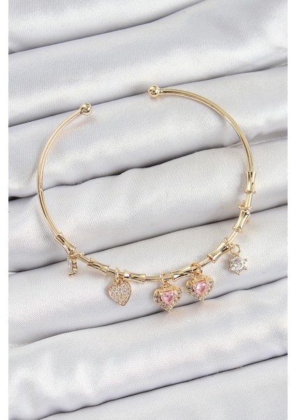 Pirinç Zirkon Taşlı Pembe Kalp Model Gold Renk Charm Bileklik