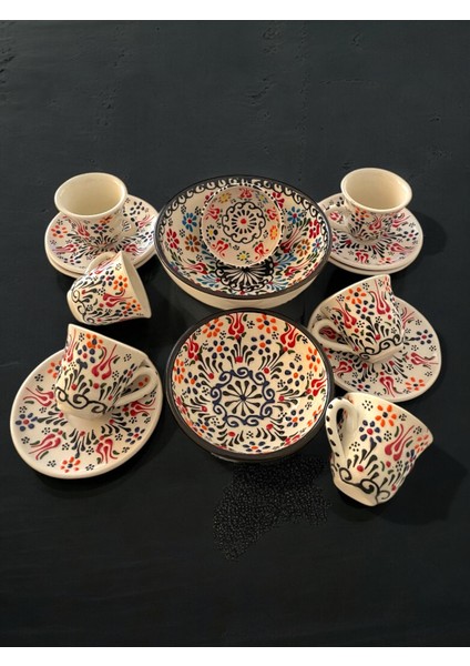 Dekoratif 6 Kişilik Şık Lale Çini Tasarımlı Tamamen El Yapımı Kahve Fincan Seti ve Çerezlik-Sosluk