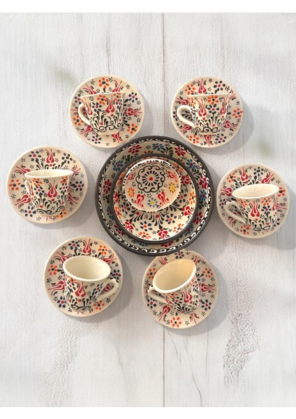 Dekoratif 6 Kişilik Şık Lale Çini Tasarımlı Tamamen El Yapımı Kahve Fincan Seti ve Çerezlik-Sosluk fiyatları