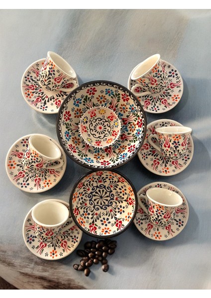 Dekoratif 6 Kişilik Şık Lale Çini Tasarımlı Tamamen El Yapımı Kahve Fincan Seti ve Çerezlik-Sosluk modelleri