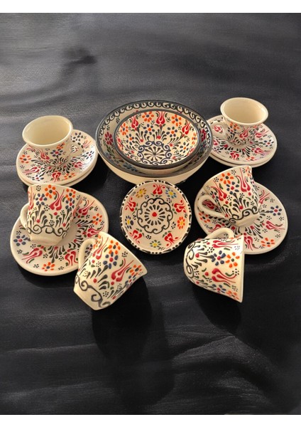 Dekoratif 6 Kişilik Şık Lale Çini Tasarımlı Tamamen El Yapımı Kahve Fincan Seti ve Çerezlik-Sosluk fırsatları