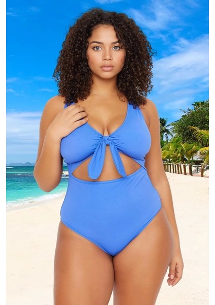 Konforlu Kaplı Derin V Yaka Rahat Kesim Büyük Beden Mayo Geniş Deniz Kıyafeti