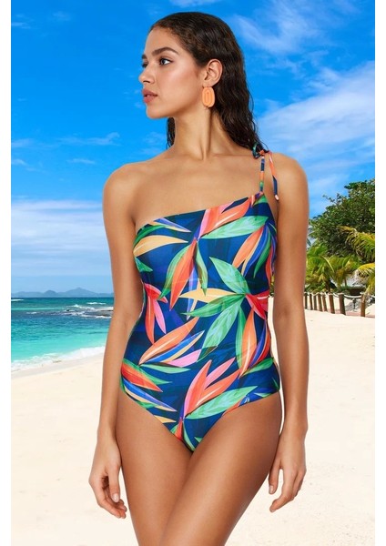 Desenli Tek Omuz Mayo Banyo Kıyafeti Plaj Mayosu Esnek Kumaş Yüzme Premium Kalite