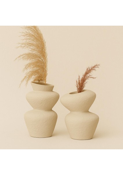Terra Seramik Vazo Seti - Dekoratif Ev Aksesuarı - Bej-Kahve - 27 cm * 17 cm - 21 cm * 18 cm