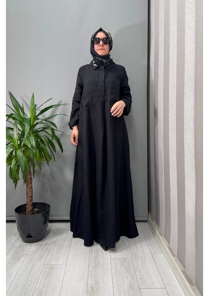 Cepli Düz Renk Keten Gömlek Elbise Siyah T25Y-4059