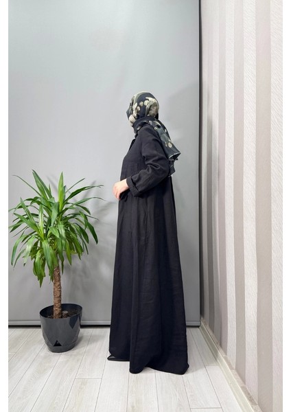 Cepli Düz Renk Keten Gömlek Elbise Siyah T25Y-4059