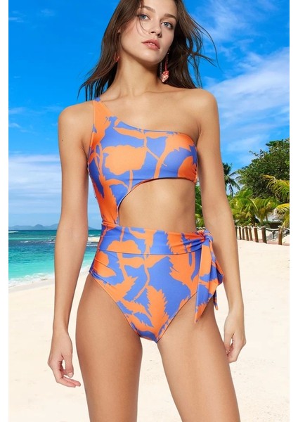 Desenli Tek Omuz Mayo Su Sporu Kıyafeti Klora Dayanıklı Plaj Mayosu Banyo