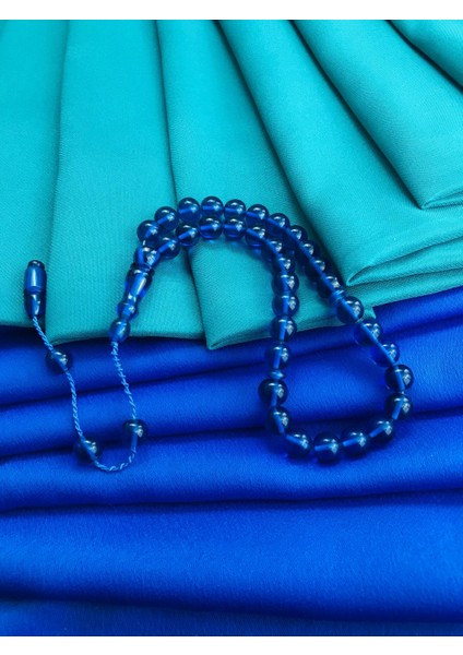 Protokol Boy Şeffaf Lacivert Ateş Kehribar Tesbih – 8 mm Küre Kesim, Sistemli Püskül