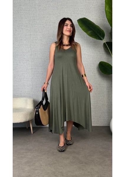 Kadın Çan Dokuma Kumaş V Yaka Asimetrik Kesim Elbise