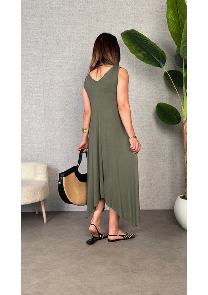 Kadın Çan Dokuma Kumaş V Yaka Asimetrik Kesim Elbise fiyatları