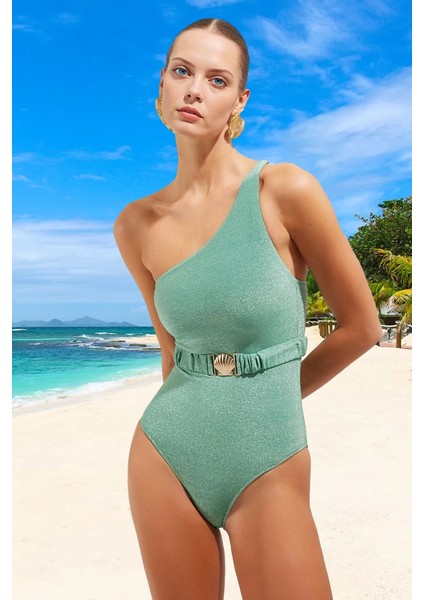 Tek Omuz Simli Mayo Yüzme Kıyafeti Havuz Mayosu Ergonomik Kesim Plaj ve Için