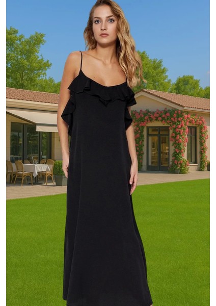 Maxi Viskoz Dokuma Plaj Elbisesi Volanlı V Yaka Shift Yüksek Kalite Seçkin Malzeme Mükemmel Uyum