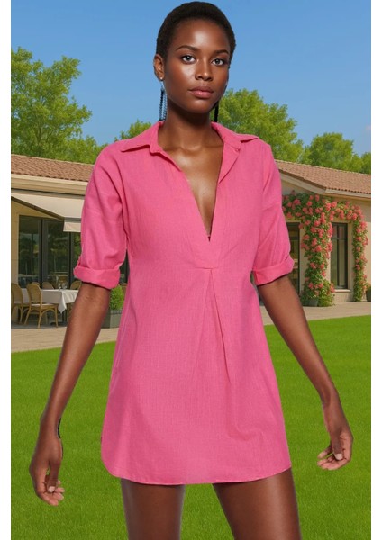 Kadın V Yaka Mini Pamuklu Plaj Elbisesi Rahat Yazlık Şık Tasarım Şık Görünüm Konforlu Kesim