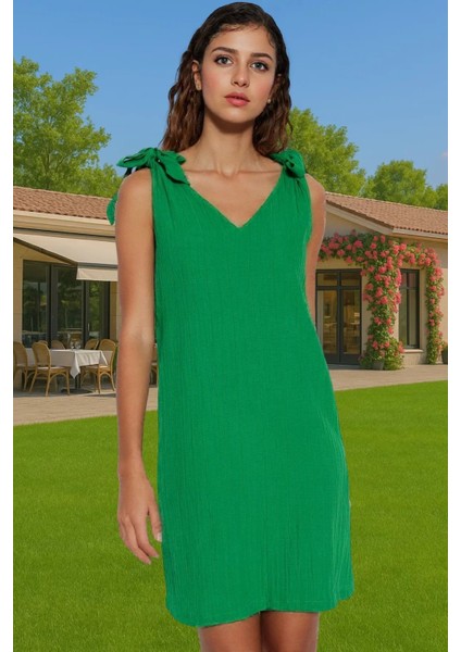 Yazlık Mini Dokuma Bağlamalı Elbise Rahat Kalıp Polyester Plaj Premium Kalite Mükemmel Uyum