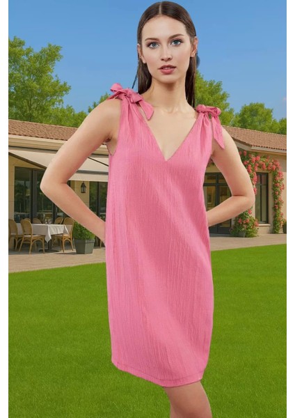 Yazlık Mini Dokuma Bağlamalı Elbise Rahat Kalıp Polyester Plaj Premium Kalite Mükemmel Uyum