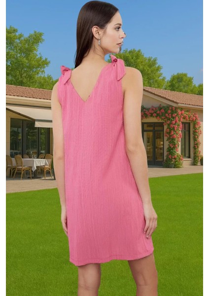 Yazlık Mini Dokuma Bağlamalı Elbise Rahat Kalıp Polyester Plaj Premium Kalite Mükemmel Uyum