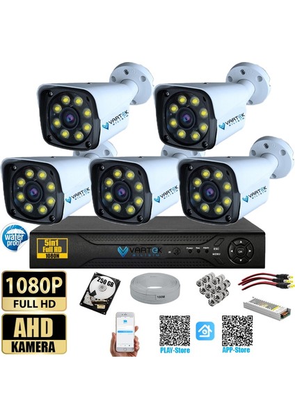 5 Kameralı Gece Renkli 5mp Lensli 1080P Fullhd Kamera Seti Tak Çalıştır Metal Kasa